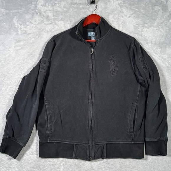 Polo Ralph Lauren Jacket Mens Large Black Full Zip Big Pony Mock Neck Cotton - Picture 1 of 10